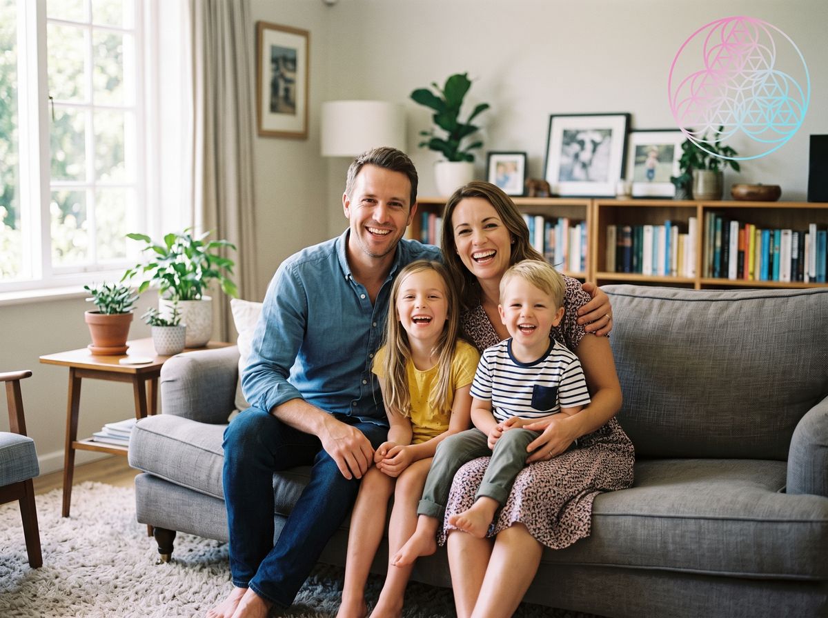 A smiling family of four on a grey sofa in a sunlit living room, the Meridian glyph in the corner.